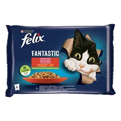 FELIX FANTASTIC Kaimų skoniai drebučiuose (vištiena su pomidorais, jautiena su morkomis) 4x85g drėgnas kačių maistas
