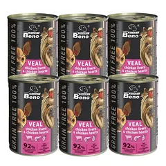 Super Beno GRAIN-FREE šunų skanėstai su veršiena, vištienos kepenėlėmis ir vištienos širdelėmis padaže, 6x415 g