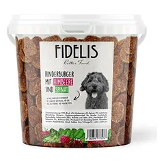 FIDELIS jautienos mėsainiai su avietėmis ir špinatais, skanėstai šunims (1 kg kibiras)