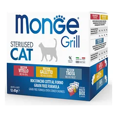 MONGE GRILL MIX konservuoto pašaro su gaidiena, veršiena ir upėtakiu sterilizuotoms katėms rinkinys , 12x85 g