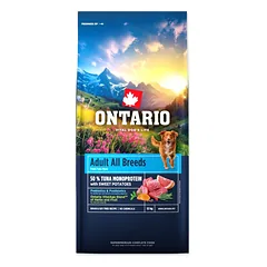 Ontario Adult All Breeds Monoprotein Tuna & Sweet Potatoes bekarpių sausas maistas visų veislių suaugusiems šunims su tunu ir saldžiosiomis bulvėmis, 12 kg