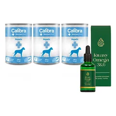 Calibra Veterinary Diets Dog Hepatic 3x400g + LAB-V Omega 3 ir 6 riebalų rūgštys bendrai šunų ir kačių sveikatos, kailio ir odos būklei gerinti 100ml