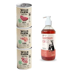 Wild Farm Pate Beef 3x400g ėdalas šunims be glitimo + LAB V Lašišų aliejus šunims ir katėms 500ml