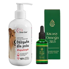 OVER ZOO plaukų kondicionierius ilgaplaukiams šunims 240ml + LAB-V Omega 3 ir 6 riebalų rūgštys bendrai šunų ir kačių sveikatos, kailio ir odos būklei gerinti 100ml