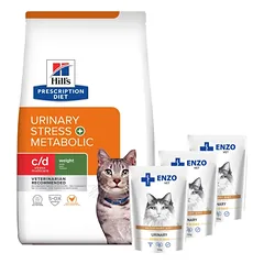 HILL'S PD Prescription Diet c/d Urinary Stress+ Metabolic Feline 3kg + ENZO VET šlapalas su vištiena padaže katėms 3x100g