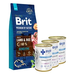 BRIT Premium By Nature Sensitive ėriena 15kg + 3x ENZO VET Hipoalerginė dieta su triušiena šunims 400g