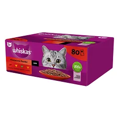 WHISKAS Adult paketėliai 80 x 85 g Classic Meals - drėgnas maistas suaugusioms katėms, su padažu (su jautiena, vištiena, ėriena, paukštiena)