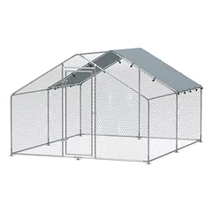 Vištų aptvaras, didelis, metalinis, su vandeniui ir UV spinduliams atspariu uždangalu, 10–15 vištų, 3 x 3,4 x 1,9 m, sidabrinis