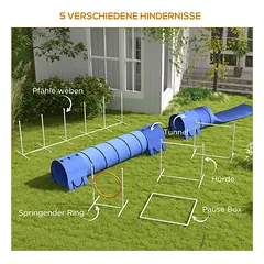 Agility trasos rinkinys šunims, lankas, 2 tuneliai, 2 barjerai, slalomas, 321 x 63 x 93 cm, baltas, oranžinis ir mėlynas — 5 nuotrauka