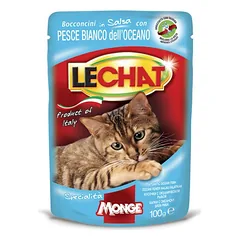 LeChat Pouches Ocean Fish konservai suaugusiems katams, gabaliukai padaže su vandenyno žuvimis, 100 g nuotrauka