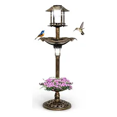 GIANTEX Vogelbad Auf Ständer, 2 Solarlampen, Nachfüllbarer Behälter