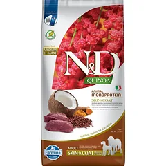FARMINA N&D Quinoa Dog Adult Medium&Maxi Skin&Coat su elniena ir kokosais 7 kg suaugusiems vidutinių ir didelių veislių šunims + FARMINA N&D Quinoa Dental Treat Skin Coat Duck Medium/Maxi 100 g (7 vnt.) DOVANŲ!