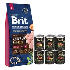 BRIT Premium By Nature Junior L 15kg + WILD FARM Monoprotein hipoalerginis šunų maistas –  skonių rinkinys 6x400g