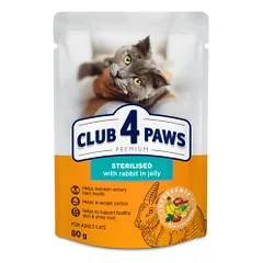 CLUB 4 PAWS Premium Visavertis konservuotas ėdalas suaugusioms sterilizuotoms katėms su triušiena drebučiuose, 80 g