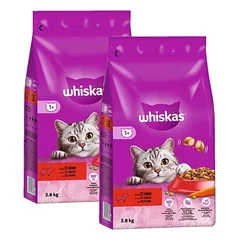 WHISKAS Adult 2x3,8 kg - sausas visavertis pašaras suaugusioms katėms su gardžia jautiena