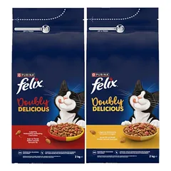Felix Doubly Delicious Maistas suaugusiems katėms su skaniu vištienos ir kalakutienos mišiniu 2 kg +  su skaniu jautienos ir vištienos mišiniu, 2 kg