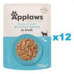 APPLAWS Cat Adult Pouch Tuna Fillet with Seabrem in Broth tunas ir brėtlingis sultinyje 12x70 g