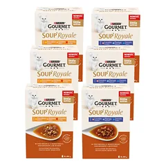 Gourmet Soup Royale suaugusių kačių maistas su vištiena, kalakutiena ir jautiena 18 x 45 g + su lašiša, plekšne ir menke 18 x 45 g