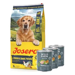 JOSERA Medi/Maxi Chicken & Sweet Potato 12,5kg + WILD FARM Superfood Chicken (Vištiena su moliūgais, obuoliais ir žolelėmis) 3x800 g pašaro šunims be grūdų