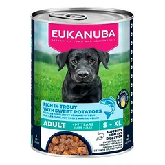 Eukanuba Dog Can Adult su upėtakiu ir batatais, drėgnas maistas šunims 400 g