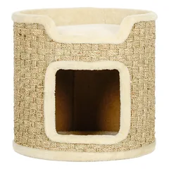 Statinės formos kačių draskyklė su žaidimų ir poilsio zona, pliušinė, Ø38 x 37 cm, iki 5 kg, chaki ir smėlio spalvos