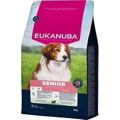EUKANUBA Senior Small Medium Breeds Lamb Rice 3 kg sausas ėdalas mažiems ir vidutinio dydžio vyresniems šunims, kuriame gausu ėrienos ir ryžių.