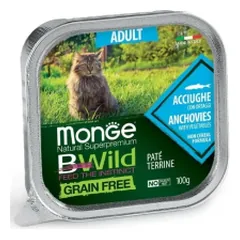 Monge BWILD Cat begrūdis drėgnas maistas katėms su ančiuviais ir daržovėmis, 100 g