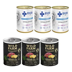 Wild Farm Monoprotein Wild Boar 3x400g hipoalerginis šunų ėdalas +ENZO VET Hipoalerginė dieta su triušiena šunims 3x400g