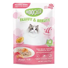 MOOCHIE Tuna Recipe pagardas su lašiša želėje – kačių maistas Fluffy & Beauty 70 g