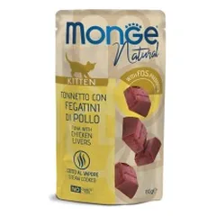 Monge Natural konservuotas pašaras kačiukams su skaniais tuno kąsneliais ir vištienos kepenėlėmis, virtais garuose 80g