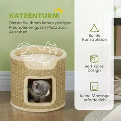 Statinės formos kačių draskyklė su žaidimų ir poilsio zona, pliušinė, Ø38 x 37 cm, iki 5 kg, chaki ir smėlio spalvos — 4 nuotrauka