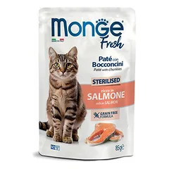 Monge Fresh Sterilised paštetas su gabaliukais ir lašiša, drėgnas maistas katėms 85 g
