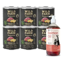 WILD FARM Monoprotein Wild Boar 6x800g hipoalerginis šunų ėdalas + LAB V Lašišų aliejus šunims ir katėms 1000ml