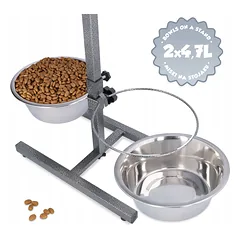 Metalinės dubenėlių šuns dubenėlių rinkinys ant reguliuojamo stovo 2x4,7 l