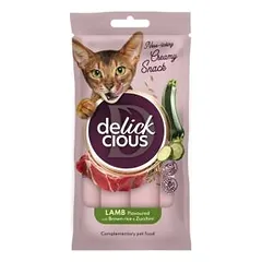 Delickcious kreminiai skanėstai katėms - ėriena pagardinta rudaisiais ryžiais ir cukinija, 4 x 15 g