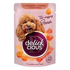 DELICKCIOUS konservuotas pašaras su lašiša ir morkomis suaugusiems šunims, 85 g