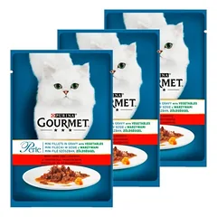 Purina Gourmet Perle kačių maistas mini filė padaže su jautiena ir morkomis 3x85 g