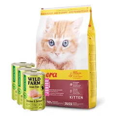 JOSERA Minette Kitten 10kg + WILD FARM Premium Grain Free Chicken and Salmon Junior 3x400g - kačiukų ėdalas be grūdų