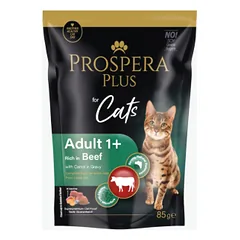 Konservuotas kačių maistas - Prospera Plus, maišelis katei suaugusiam (1+), su jautiena ir morkomis, 85 g