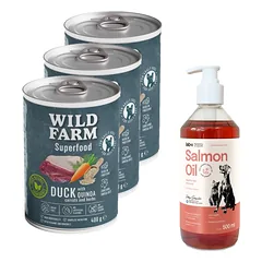 Wild Farm Superfood Duck 3x400 g pašaro šunims be grūdų + LAB V Lašišų aliejus šunims ir katėms 500ml