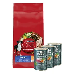 PURINA ONE Adult Medium/Maxi Maistas suaugusiems šunims, turtingas vištiena ir ryžiais, 12 kg + Wild Farm Superfood Duck 3x400 g pašaro šunims be grūdų