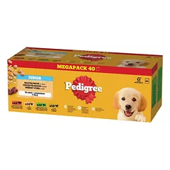 PEDIGREE Junior Skonių Pasirinkimas su ryžiais maišeliai 4 x 40x100 g šlapias maistas visaverčiam maitinimui šuniukams gabalėliai želė 3+1 DOVANA