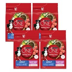 PURINA ONE Adult Medium/Maxi Maistas suaugusiems šunims, turtingas aviena ir ryžiais, 4x2,5 kg