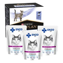 PURINA PVD FortiFlora Cat 30 paketėlių + 3x ENZO VET Sterilizuota dieta sterilizuotoms katėms su kalakutiena želė 100g