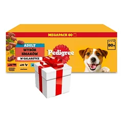 PEDIGREE® Suaugusių šunų drėgnas ėdalas, įvairių skonių želė, paketėlis 80 x 100 g + Staigmena ŠUNIUI