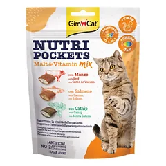 GimCat Nutri Pockets Malt Vitamin Mix su jautiena, lašiša, katžole traškūs skanėstai suaugusioms katėms, 150 g