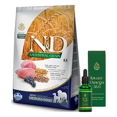 Farmina N&D LAMBULIŠKAS MĖLYNAUOGIS MEDIUM MAXI 12kg + LAB-V Omega 3 ir 6 riebalų rūgštys bendrai šunų ir kačių sveikatos, kailio ir odos būklei gerinti 50ml