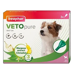 Beaphar Vetopure Spot On S-M Dog natūralūs lašai nuo blusų ir erkių šunims nuo 10 iki 20 kg, 3 vnt.