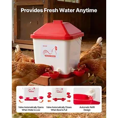 Automatinė viščiukų girdykla VEVOR 5GAL D, 19 l, 6 vandens angos, Balta/raudona, 35,4 × 35,2 × 34,0 cm — 4 nuotrauka
