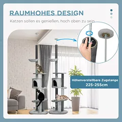 Kačių draskyklė iki lubų su hamaku, nameliu, platformomis ir kamuoliuku, 225–255 cm, pilka — 4 nuotrauka